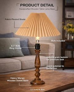 Lámpara de Pie de Madera Rústica Hecha a Mano con Pantalla de Tela Plegada y Acabado de Grano Natural para Dormitorio, Hogar u Hotel - Product Image 1