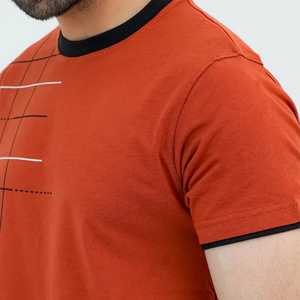 Camiseta de Manga Corta Naranja para Hombre con Patrón Geométrico, Ribete en Contraste, Corte Regular Informal, 100% Algodón Jersey, Cuello Redondo - Product Image 5