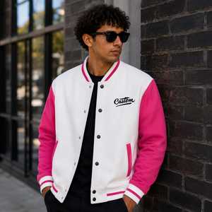 Custom Men's White Pink Windproof <b>Heated</b> Wool/Polyester Winter Varsity <b>Jacket</b> Embroidered Letter Front Turn-down Collar Casual - Product Image 1