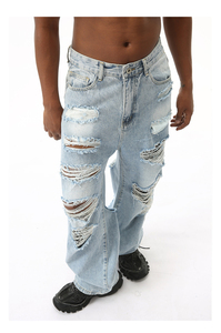 Vaqueros desgastados con parches personalizados, corte ajustado, recto, holgado, estilo streetwear, efecto apilado, denim vintage lavado, estilo Y2K, elásticos - Product Image 6