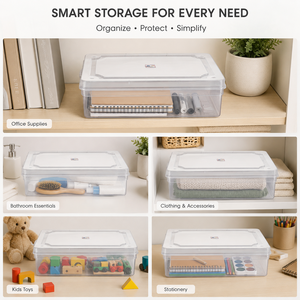 กล่องเก็บของพลาสติกใส 375x247x85 มม. พร้อมฝาปิด ทรงสี่เหลี่ยม ปิดสนิท โปร่งใส ปลอดสาร BPA สามารถวางซ้อนกันได้ - Product Image 2