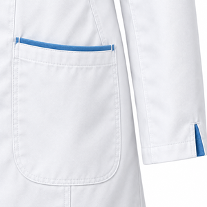 Blouse de laboratoire médicale unisexe, blanc pur, col mandarin, fermeture éclair bleue, uniforme de médecin, tenue de travail pour le personnel de clinique, vente en gros sur mesure - Product Image 6
