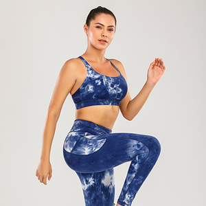 Ensemble de sport tie-dye pour femme : soutien-gorge de sport et leggings taille haute, respirant, dos nageur, col rond, avec poches, imprimé bleu, pour le yoga et l'entraînement - Product Image 4