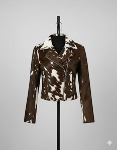 Women's Genuine Leather Cowhide Motorcycle <b>Jacket</b> Brown <b>White</b> Animal Print Stand Collar Full Sleeve Zipper Closure <b>Short</b> Length - Product Image 1