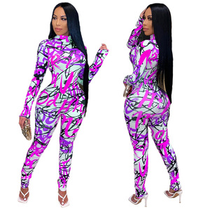 Combinaison imprimée à col haut et manches longues pour femme, coupe ajustée, en spandex et polyester, tenue de club, printemps-été - Product Image 6