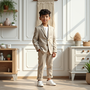 Ensemble de blazer décontracté beige pour garçons |   Costume décontracté élégant pour enfants en 2 pièces |   Tenue en coton et lin pour enfants |   Sur mesure - Product Image 3