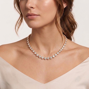 Women's 18K Rose <b>Gold</b> Natural Brilliant Cut Bezel Setting Diamond <b>Tennis</b> <b>Necklace</b> for Certified Lab-grown Side Stones Classic - Product Image 1