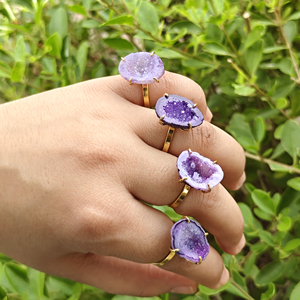 Natural Purple Druzy Agate Raw Gemstone <b>Adjustable</b> <b>Rings</b> Vintage Style Model 18k Gold Plated Brass Women Fashion Jewelry - Product Image 4