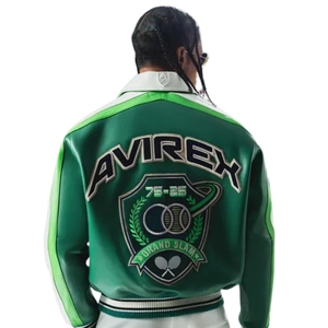 Men's Autumn Moto Jacket Avirex-Style Green Neon Yellow Varsity Leather | Grand Slam Retro Embroidery Bomber - Product Image 1