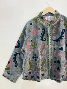 Grey Boho Suzani Embroidered <b>Velvet</b> <b>Jacket</b> <b>Women</b> Ethnic Short Coat Stand Collar Open Front Winter Autumn Wear - Product Image 2
