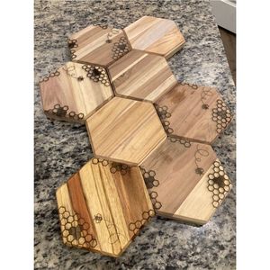 Handcrafted Hexagon Mango Wood <b>Coasters</b> Set, Natural Wood Bee & Honeycomb Laser Engraved <b>Drink</b> <b>Coasters</b> for Home Kitchen - Product Image 2