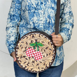 Sacs Ronds de Luxe en Cuir Véritable à Motifs Floraux et Échiquiers, Sacs à Main Élégants pour Femmes, Sacs Bandoulière de Soirée et de Shopping - Product Image 3