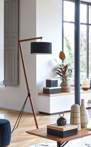 Modern Iron Bamboo Tripod Floor Lamp Cylindrical Black Fabric Shade Adjustable Height LED <b>Light</b> for <b>Indoor</b> Living Room Decor - Product Image 2
