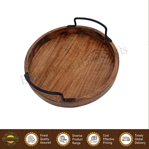 Plateau de service alimentaire en bois d'acacia artisanal de qualité supérieure, design moderne, pour la maison, la cuisine et les restaurants, avec poignées en métal - Product Image 4