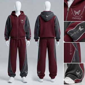Women's Burgundy <b>Charcoal</b> Zip Hoodie Tracksuit Set Butterfly Print Color Oversized <b>Jogger</b> Pants Streetwear - Product Image 2