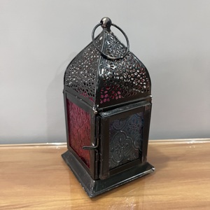 Artisan Design Small Decorative Iron and Color Glass <b>Lantern</b> with Black Finish <b>Mini</b> Home Decoration - Product Image 2