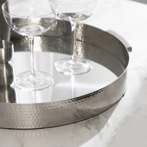 Wholesale <b>Round</b> Stainless Steel Tray with Shiny Silver <b>Mirror</b> Finish Metal Hammered Edge Decorative Food Server for Hotels Homes - Product Image 2