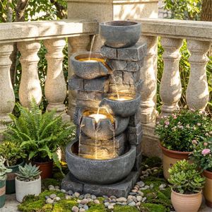 Fontana a Cascata a 5 Livelli con 24 Luci LED, Fontana da Esterno in Resina Grigia - Product Image 2