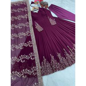 Designer Gown with Chiffon Dupatta & Bottom for <b>Party</b> Wear Three-Quarter Sleeve Length <b>Tops</b> - Product Image 1