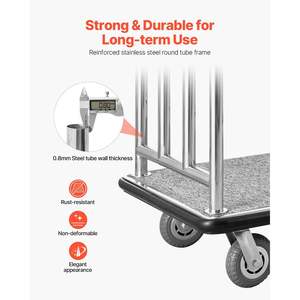 Chariot à bagages de luxe pour hôtel, capacité de charge 750 LBS, plateau moquetté gris, roues en caoutchouc de 6 pouces, cadre avant amovible, chariot de service - Product Image 3