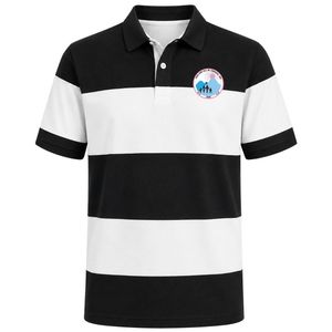 <b>Black</b> <b>White</b> Contrast <b>Stripe</b> Polo <b>Shirt</b> Short Sleeve Color Block Collared Button Front Golf Uniform Top with Crest Patch for Men - Product Image 1