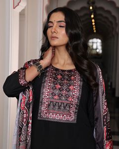 Best Collection Women's <b>Black</b> Kurti Set 3/4 Sleeve Viscose shimmer Full Stitched for Regular and Festive Occasions - Product Image 5