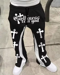 Pantalones Deportivos para Hombre, Estilo Casual Urbano, Modernos, con Estampado Cruzado, Ligeramente Acampanados, Diseño en Bloques de Color Blanco y Negro - Product Image 5