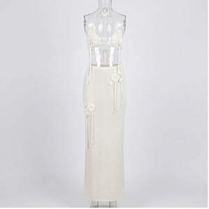 Women Knitted Halter Swimdress With 3D Flower Embroidery And Lace Up Detail Solid Color Stretchy <b>Skirt</b> Style - Product Image 1