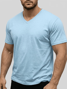Men's V-Neck Short Sleeve Solid Cotton T-Shirt Regular Fit Breathable Enzyme Washed Jersey Fabric Casual Wear 180g Eco-Friendly - Product Image 2
