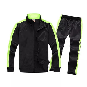 Conjunto Deportivo Unisex Negro con Rayas Verde Neón, Chaqueta Deportiva con Cierre Completo y Pantalones, Ropa de Otoño para Adultos - Product Image 1