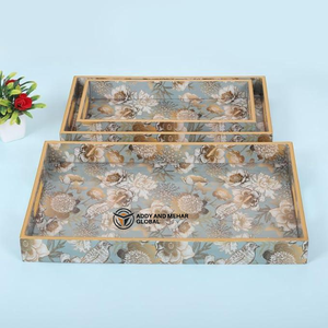 ชุดถาดเสิร์ฟตกแต่ง MDF 3 ชิ้น เคลือบเงาอย่างดี ลายพิมพ์ดอกไม้และนก ถาดไม้หรูหราสำหรับวางบนออตโตมัน - Product Image 1
