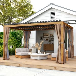 Pergola Retrattile da Esterno 3x4m con Tetto a Lamelle, Tende e Rete Parasole, Gazebo in Legno Naturale - Product Image 2