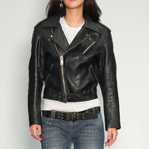 Black Leather Jacket Women Shiny Zipper Fashion OEM Pockets Customized Wholesale Genuine Leather Motorbike Jacket - Product Image 1