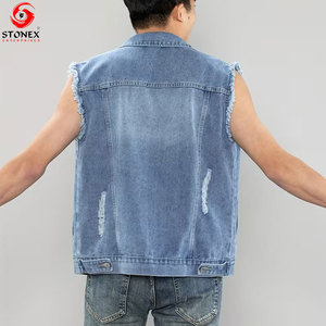 เสื้อกั๊กยีนส์ผู้ชายแบบสั่งทำพิเศษ แขนกุด แต่งขาดสไตล์วินเทจ สีน้ำเงิน  ผู้ผลิต OEM ODM - Product Image 4