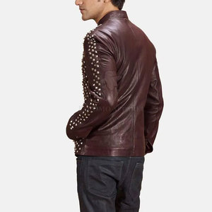 New Classic Men <b>Rhinestone</b> Winter Leather <b>Jacket</b> Biker Motorcycle Stand Collar Full Zip Daily Wear Fashion Outerwear - Product Image 2