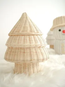 Decoraciones Navideñas Hechas a Mano al por Mayor, Cesta de Almacenamiento de Mimbre Blanco con Tapa para Regalos Navideños - Product Image 3