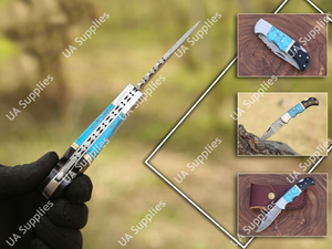 Custom Made OEM ODM Support Damascus Steel Folding Pocket <b>Knife</b> Turquoise Gemstone Handle Drop Point Industrial Grade 7.5 <b>Knife</b> - Product Image 5