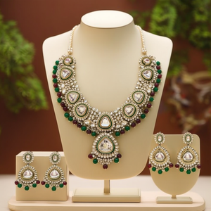 Bridal Kundan Stone Necklace <b>Set</b> with Earrings-Ethnic <b>Indian</b> <b>Jewelry</b> - Product Image 3