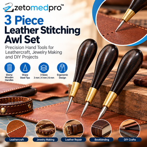 3 Piece Leather Stitching <b>Awl</b> Set with Ebony Wooden Handles for Leathercraft Piercing <b>Sewing</b> and Repair ZetomedPro - Product Image 6