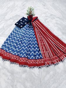 Sari de Algodón Mulmul Puro con Estampado Bagru Hecho a Mano, 5.5 Metros, 1 Metro de Tela para Blusa |   Encaje con borde de pompón, estilo étnico indio, para verano - Product Image 4