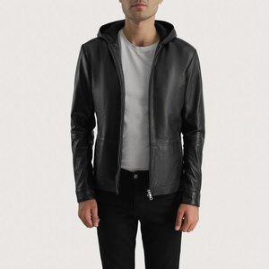 Veste en cuir noire à capuche pour homme, coupe ajustée, fermeture éclair sur le devant, style moto, manches classiques, couleur unie, vêtement d'extérieur en cuir véritable, pour l'automne - Product Image 2