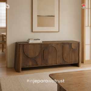 Buffet en bois massif Japandi, console de rangement moderne et minimaliste, écologique, à fixation murale pour appartement et salon - Product Image 1