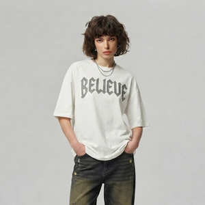 T-shirt ample à manches courtes pour femme avec strass, 100 % coton, coupe oversize épaisse et épaules tombantes, style streetwear - Product Image 4