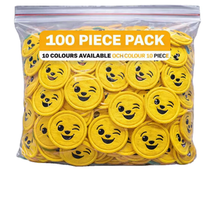 Set de 100 Parches Bordados Termoadhesivos de Caras Sonrientes y Piscando los Ojos, 10 Colores, 10 Piezas de Cada Color, para Chaquetas, Bolsos y Manualidades DIY - Product Image 1