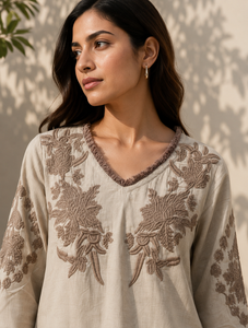 <b>Women</b> Cotton <b>Linen</b> Embroidered Kurta Pant <b>Set</b> Beige Floral V Neck Three Quarter Sleeve Ethnic Casual Wear Comfortable Outfit - Product Image 3