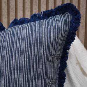 Navy Blue Striped 100% Pure Linen Cushion <b>Cover</b> with Fringe Decorative <b>Throw</b> Pillow <b>Cover</b> Coastal Farmhouse <b>Sofa</b> Cushion Case - Product Image 2
