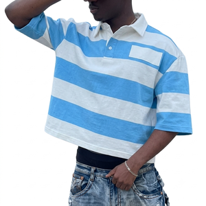 Chemise Oxford en coton à manches courtes rayée bleu et blanc pour homme, coupe droite, boutonnée, tricotée, anti-plis, imprimée, décontractée - Product Image 1