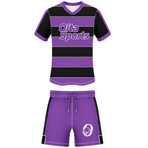 Conjunto de Uniforme de Rugby de Manga Corta Morado y Negro, Jersey de Rugby a Rayas con Cuello Redondo, Pantalones Cortos con Cordón, Ropa Deportiva para Entrenamiento y Equipo - Product Image 1