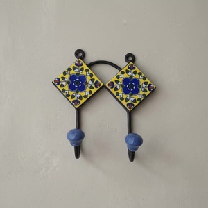 Ceramic Tile Wall <b>Hook</b> Set 2 <b>Hooks</b> Floral Pattern Vintage Style Blue Yellow <b>Decorative</b> <b>Coat</b> Hanger Adjustable Waterproof - Product Image 3