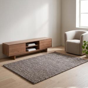 Tapis classique gris taupe uni en laine, tissé à la main avec un design texturé bouclé, décoration de sol rustique et naturelle pour salons - Product Image 3